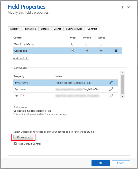 A screenshot of the classic user interface that was inherited from Dynamics CRM, showing the Properties of a Mandatory field on the Controls tab, highlighting the 'Customize' button.
