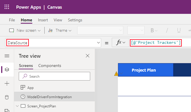 A screenshot of a Canvas app, highlighting the ModelDrivenFormIntegration control's Property called 'DataSource'. 
