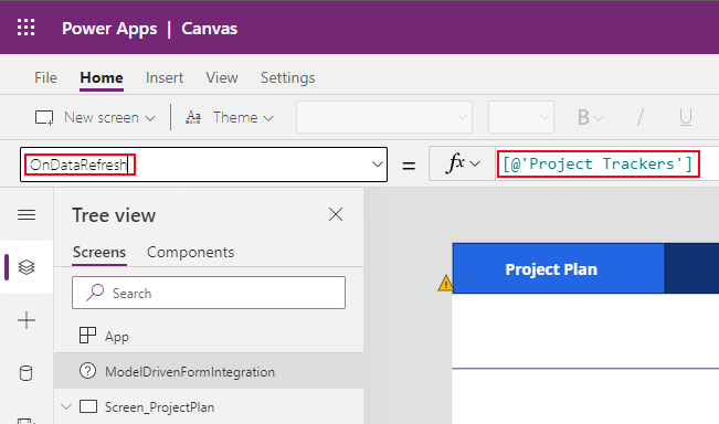 A screenshot of a Canvas app, highlighting the ModelDrivenFormIntegration control's Property called 'OnDataRefresh'. 