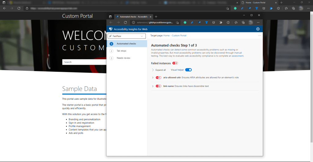 A screenshot of a web browser showing the Accessibility for Insights Web tool by Microsoft with two different errors.
