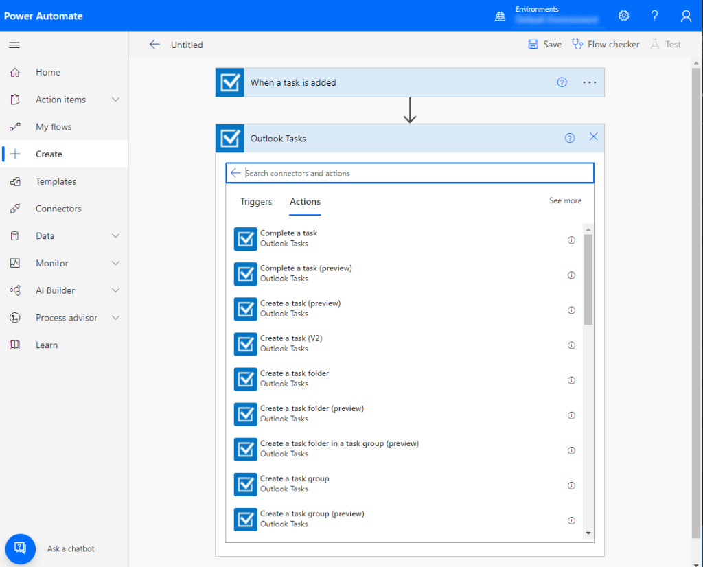 A screenshot showing a list of some of the available Actions within the Outlook Tasks Connector.