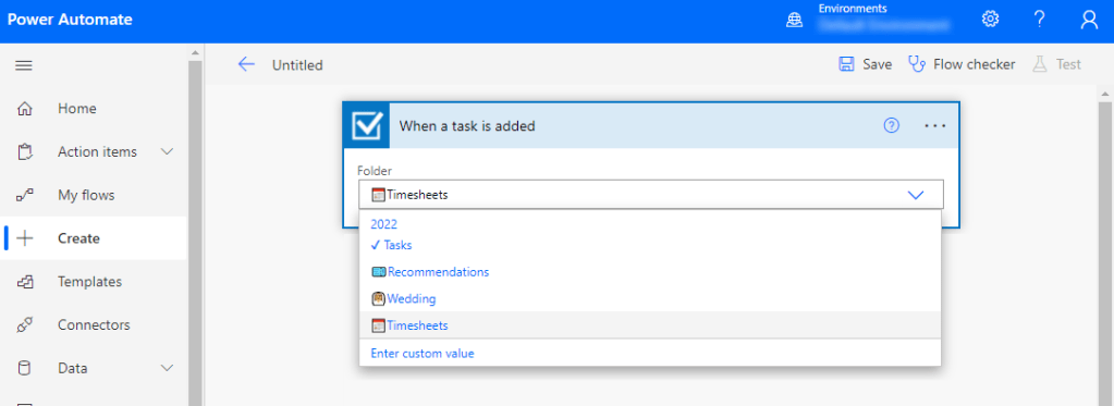 A screenshot showing the selection of a Microsoft To Do list in Power Automate via the Outlook Tasks Connector
