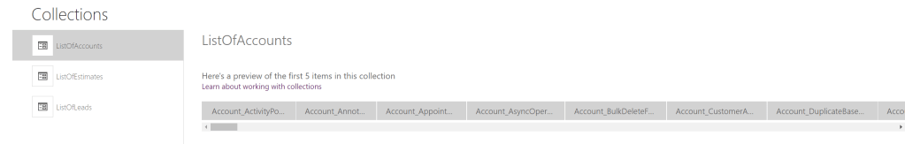 A screenshot showing a Collection in Canvas Apps returning all fields from the data source.