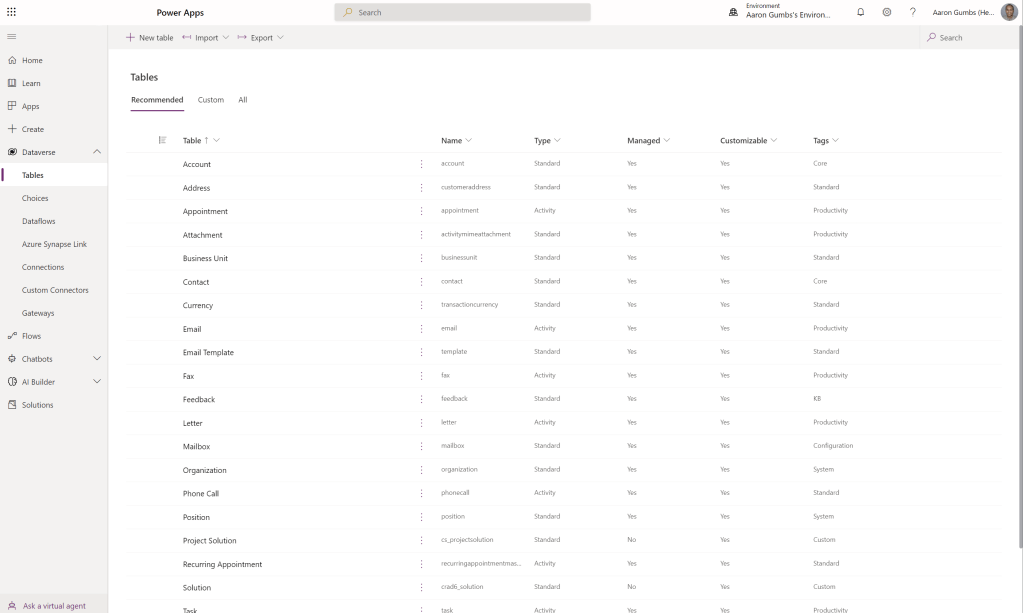 A screenshot of a Developer Dataverse environment.
