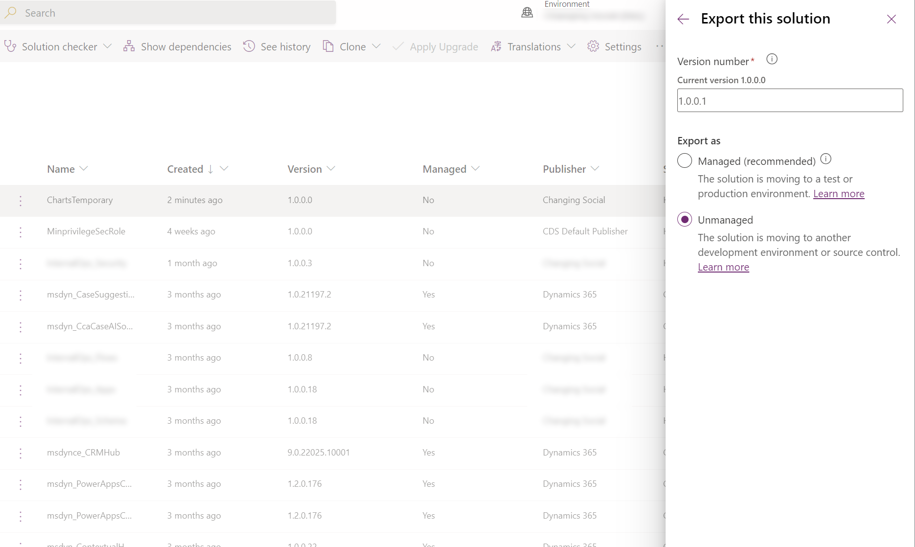 A screenshot of a user selecting the Unmanaged option for the solution export.