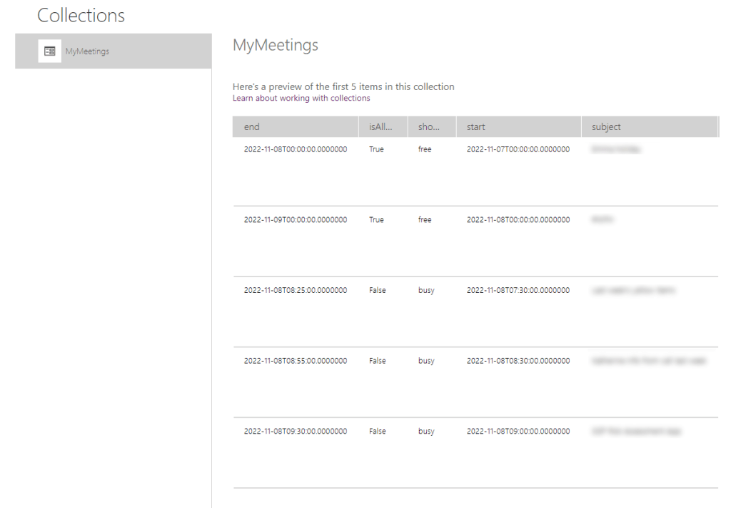 A screenshot of the MyMeetings Collection showing data from Outlook.