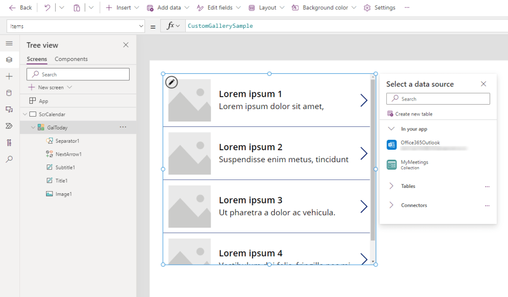 A screenshot of the CustomGallerySample on the Power App's Screen with two available data sources.