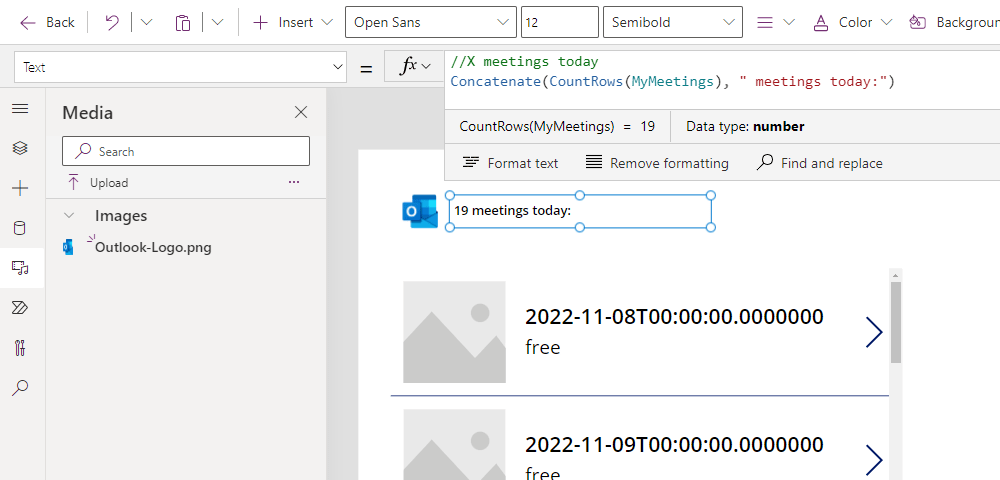 A screenshot of the Canvas App after adding the Outlook logo and a count of how many meetings we have today.