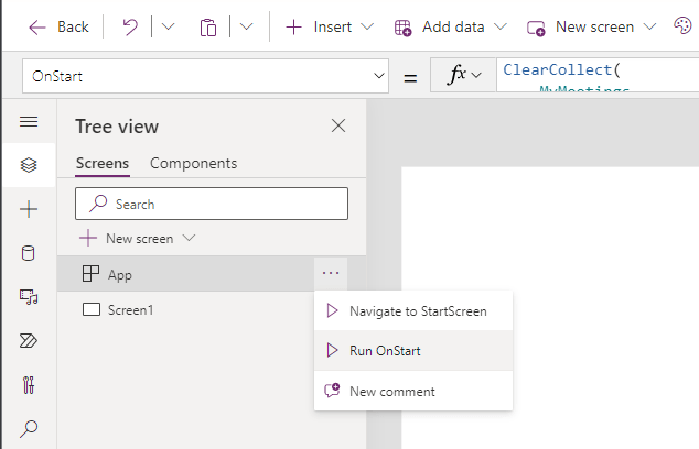A screenshot of Power Apps showing the 'Run OnStart' button within the App.