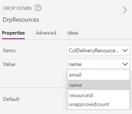 A screenshot of a dropdown control within a Canvas App allowing me to pick any of the available fields from the Collection.