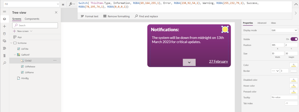 A screenshot of our control with a visual indicator showing the severity of the notification.