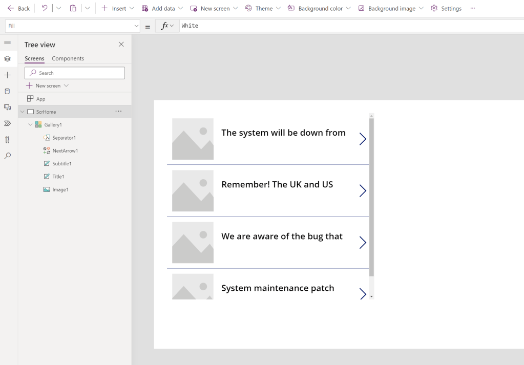 A screenshot of the default view of a Vertical Gallery in Canvas Apps, with the ColNotif Collection showing data.