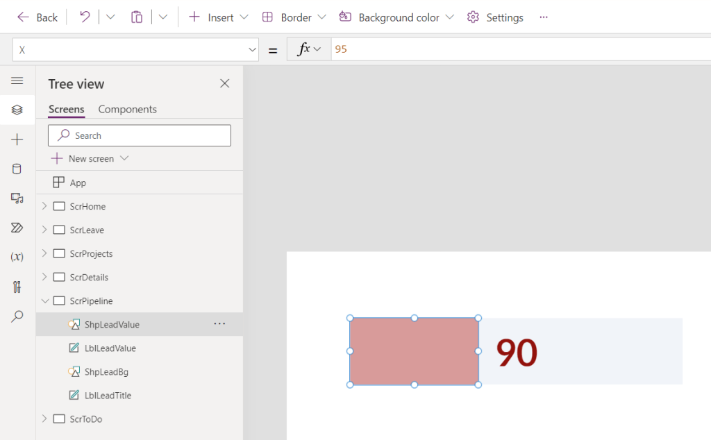 A screenshot of a Canvas App showing the value of 90 snapped to grid on the light grey rectangle. At this point the red rectangle is positioned correctly from the top of the screen but it is not in the correct position from the left-edge of the screen.