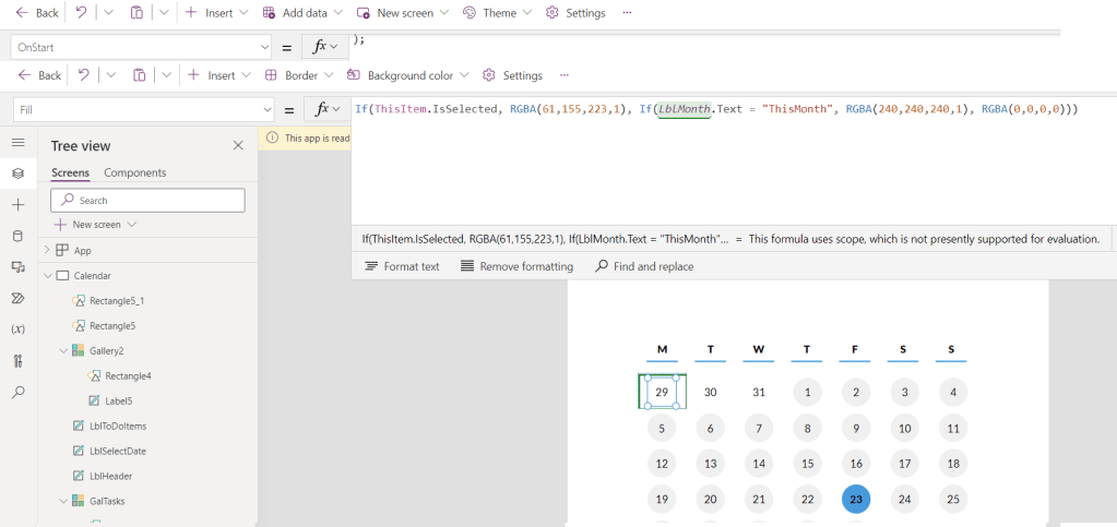 A screenshot of Power Apps Studio showing the calendar with visual indicators for a day in this month (grey  circle background), a selected day (blue circle background).