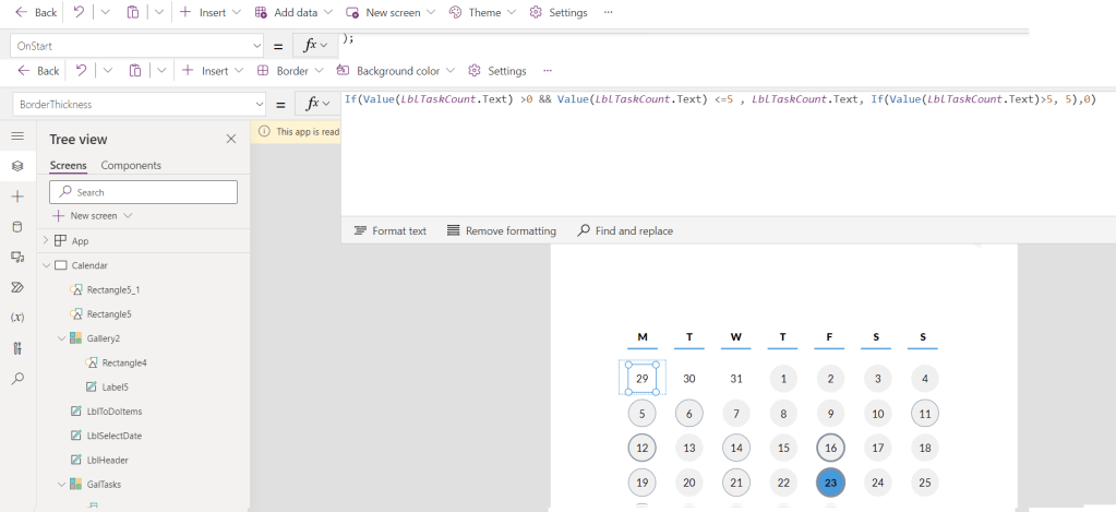 A screenshot of Power Apps Studio showing the Border Thickness Property of the Gallery Item that rpresents a day on the Calendar. 