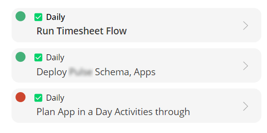 A screenshot of three To Do Items where each has a status indicator. Red means incomplete, and green means complete.