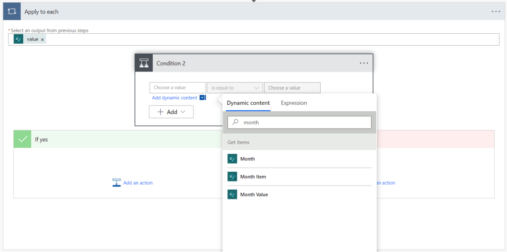 A screenshot of a condition being added inside the Apply to each action so that we can configure the evaluation 'if Month Value equals the current month's Month value'.