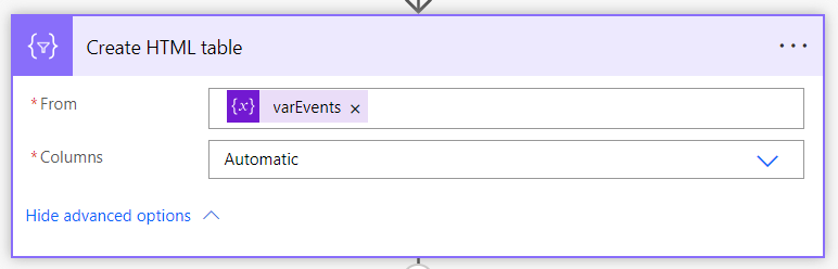 A screenshot of the Create HTML table action which uses the varEvents Array to configure a new table.