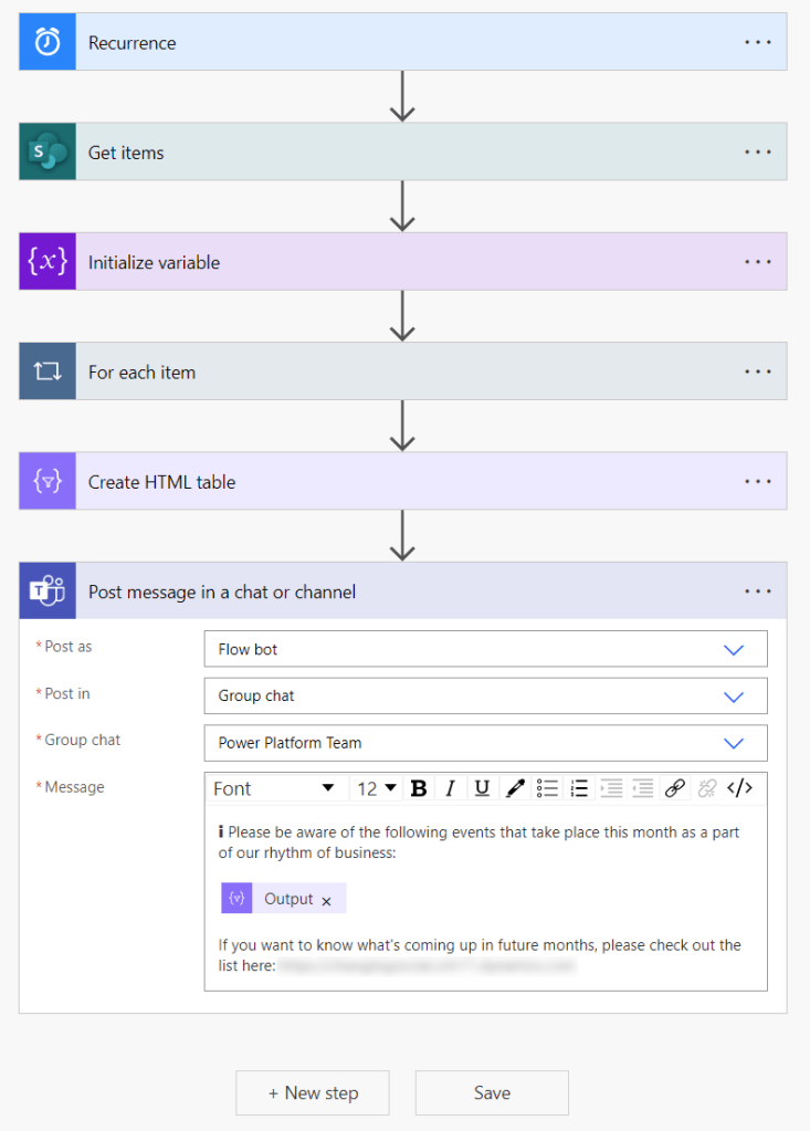 A screenshot of the full cloud flow including the last step which posts a message to Microsoft Teams. In this, I have chosen to send the message to a group chat called Power Platform Team.