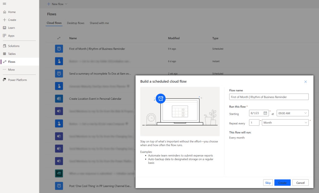 A screenshot of a new scheduled cloud flow, set to run on the first of every month at 9am.