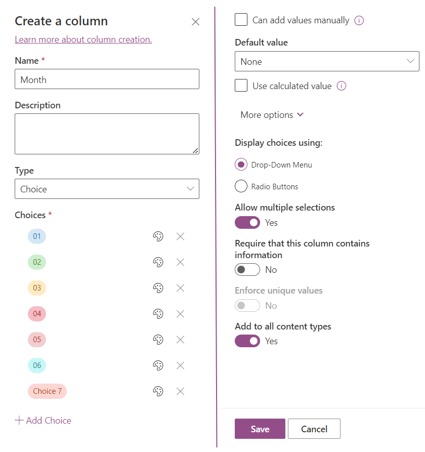 A screenshot of Microsoft Lists, where a new Choice column is being created to hold Months in the format 01, 02, 03, etc. The user has also selected 'Allow multiple selections.'