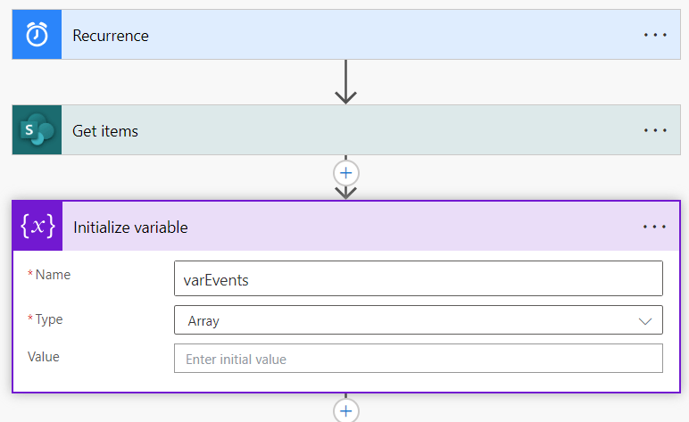 A screenshot of a variable called 'varEvents' being initialized. This variable is saved as an Array.