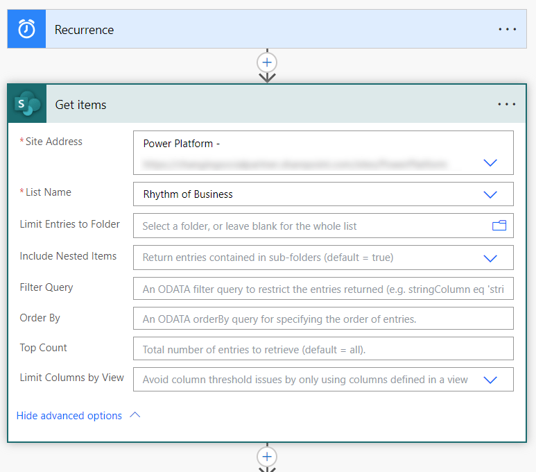 A screenshot of the Get items action showing the Rhythm of Business List that we just created.