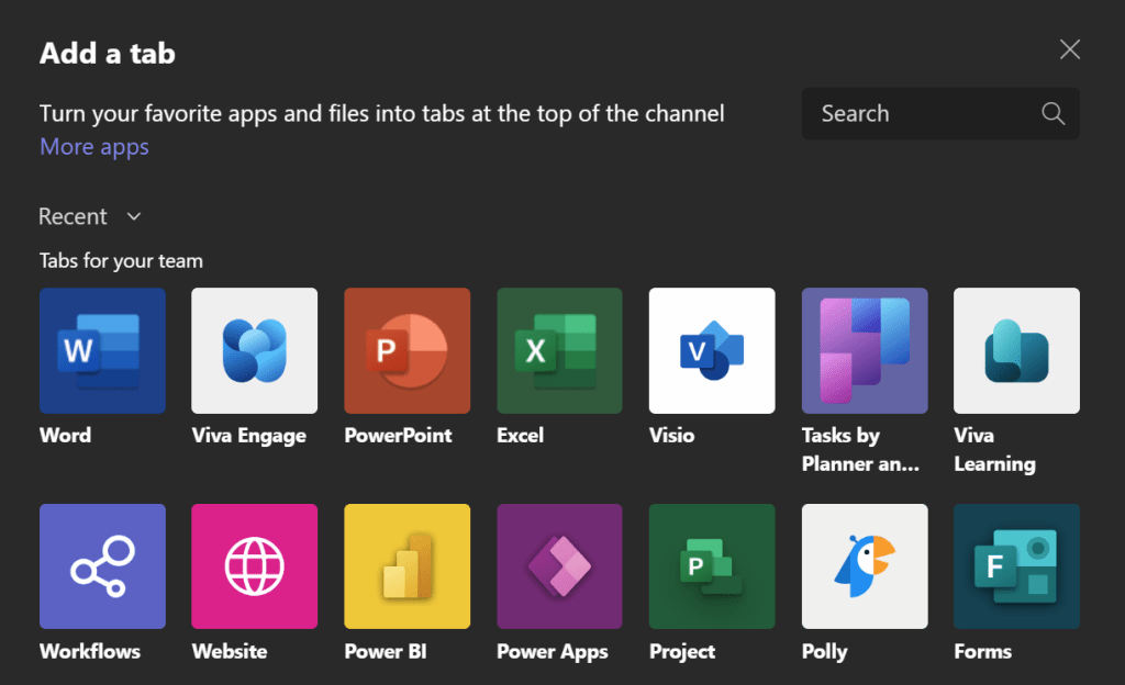 A screenshot of Microsoft Team's "Add a tab" screen, showing the different tabs available for configuration