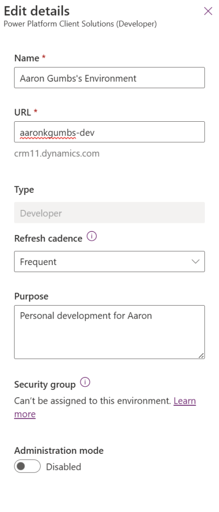 A screenshot of the right-hand flyout showing details of the environment such as Environment Name and URL.