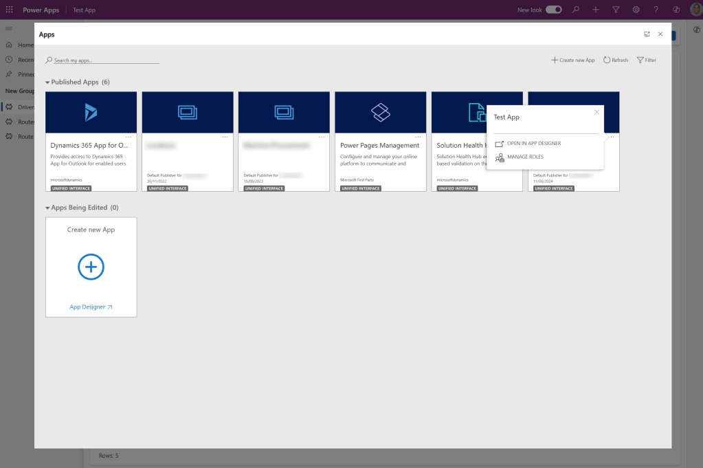 A screenshot of the old Dynamics 365 app launcher screen, showing the available apps with the three dots clicked for the chosen app called Test App.