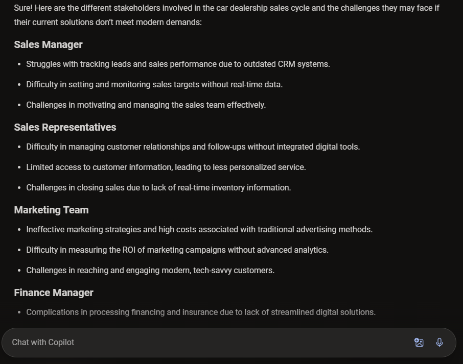 A screenshot of Microsoft Copilot providing a generative answer for stakeholder challenges in the car industry.