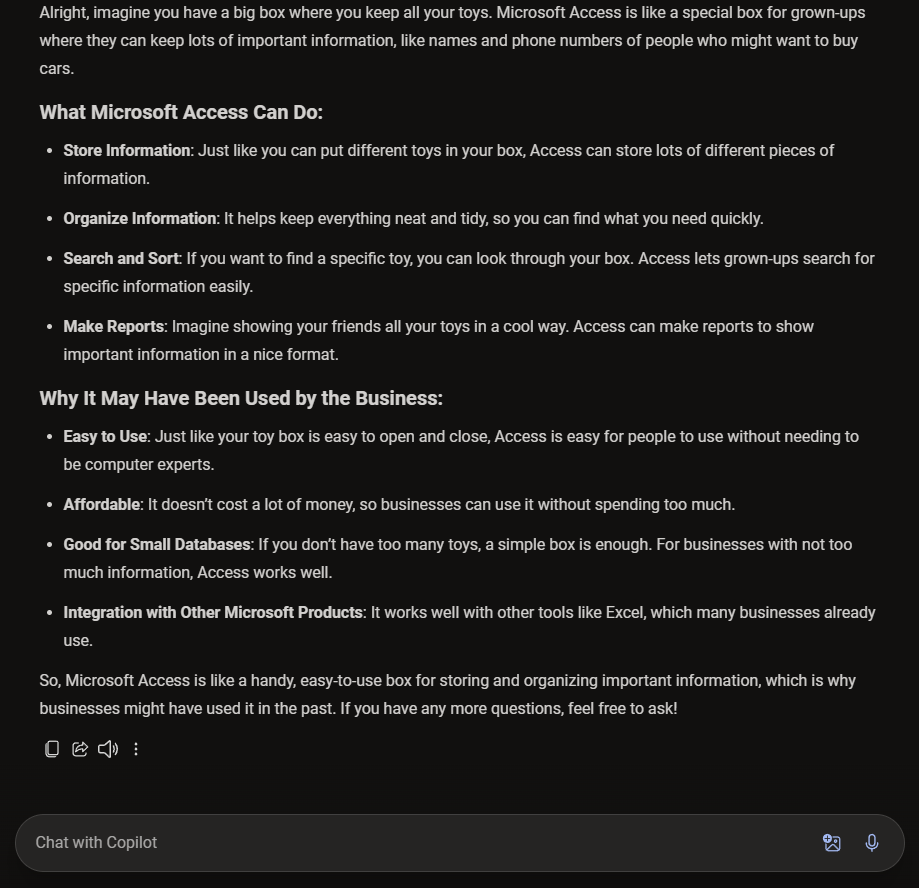A screenshot of Microsoft Copilot providing a generative answer for a description of Microsoft Access.